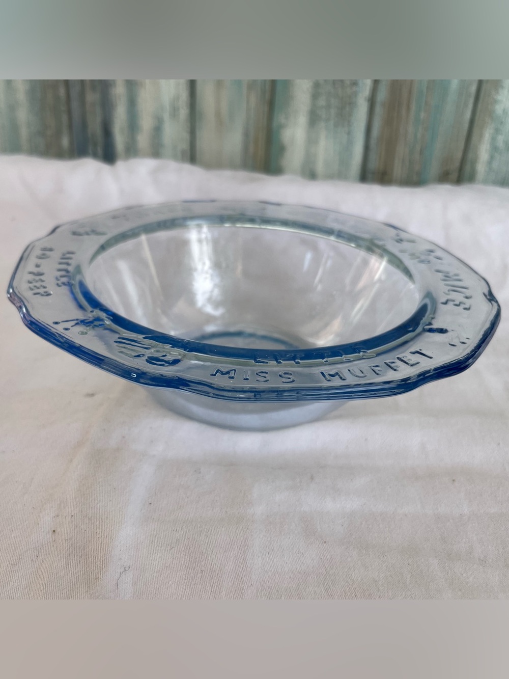 6” Tiara Glass Blue Mother Goose children's bowl featuring a wide scalloped rim